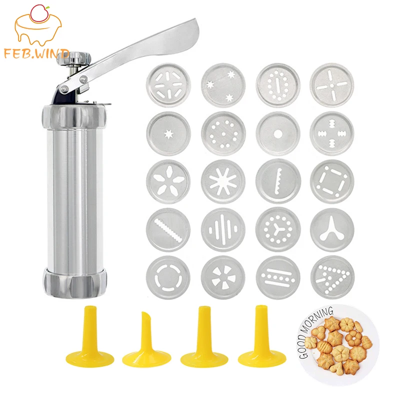 Christmas Spritz Cookie Press Gun and Icing Set Alloy Churro Maker Cookie Maker With 20 Discs 4 Pastry Tip Biscuit Mold Tool 063