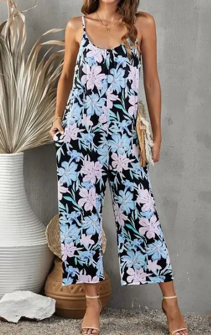 Women Outfits Sunmer 2023 Sweet Style Ladies Sling Straps Printed Long Jumpsuit Fashion Street Summer Vacation Casual Jumpsuit