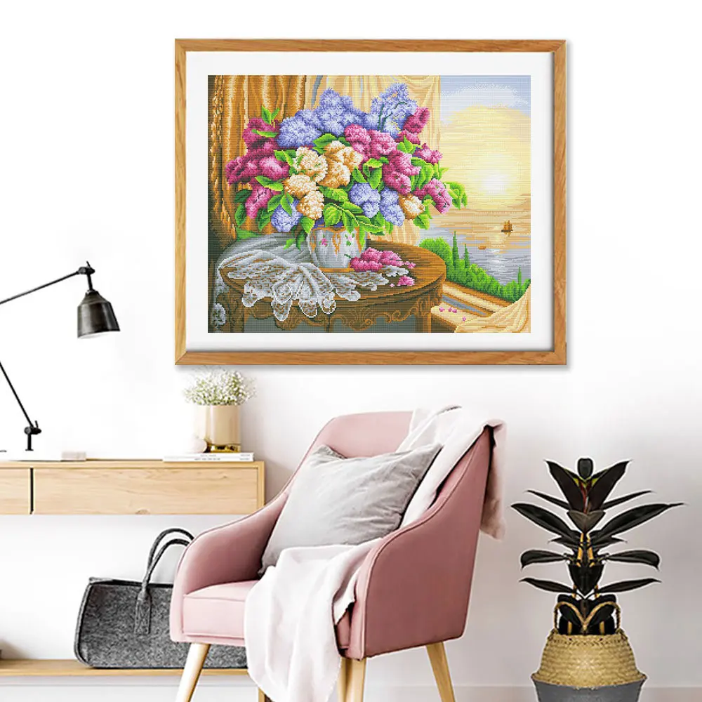 Cross Stitch Kit HUACAN White Canvas DIY Home Decoration 14CT 40x50cm Embroidery Rose Peony