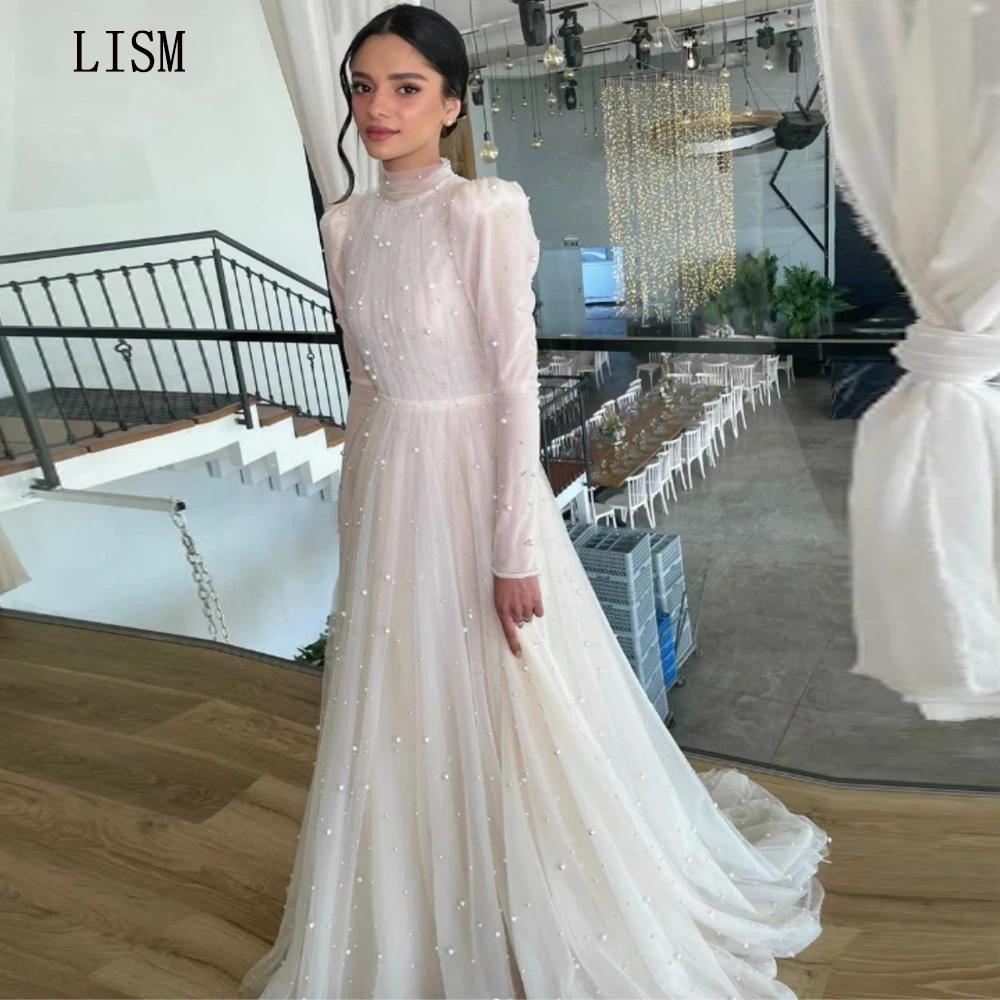 

LISM Exquisite O-Neck Beach Wedding Dress Full Sleeves Tulle Long Bride Gown Pearls Floor Length Vestido De Novia Boho 2024