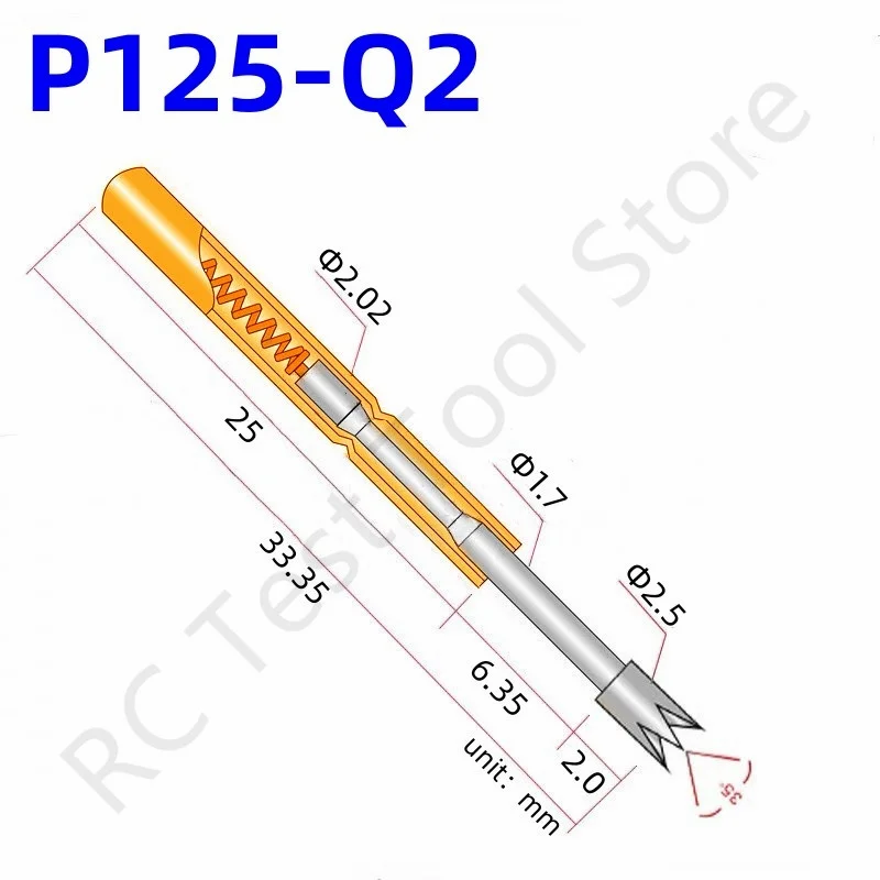 Mola Teste Ponta de Prova Pino Pogo Pino Pcb Ferramenta de Teste Comprimento 33.35 mm Pino Diâmetro 2.02 mm Grande Garras Cabeça Diâmetro 2.5 mm P125-q 100 Peças P125-q2