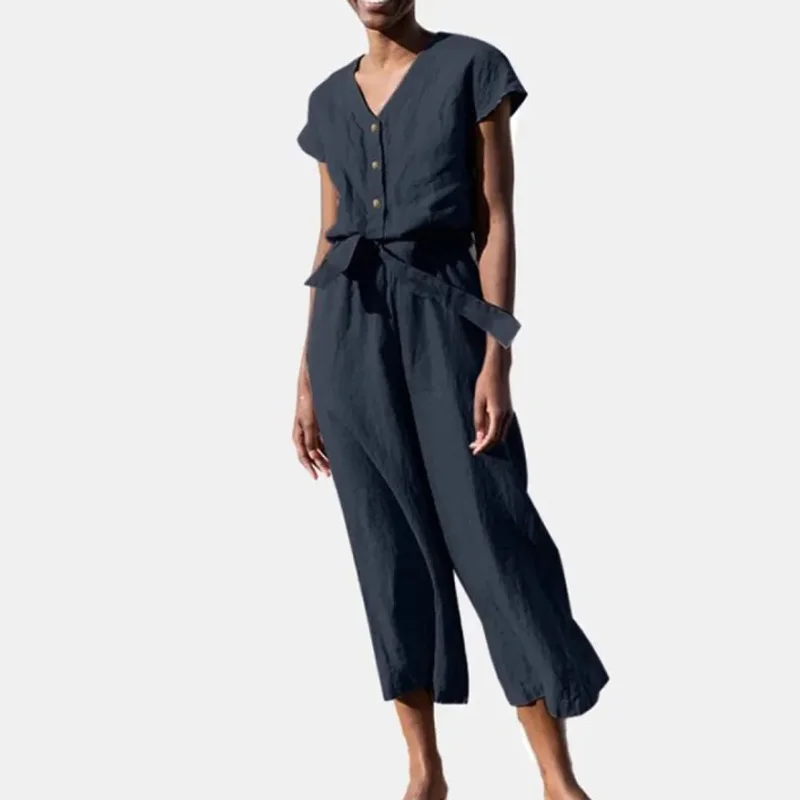 

Women Nail Buckle Lace-up Short Sleeve Romper Summer Cotton Linen High Waist jumpsuit Lady Solid Color V Neck Straight Leg Pants