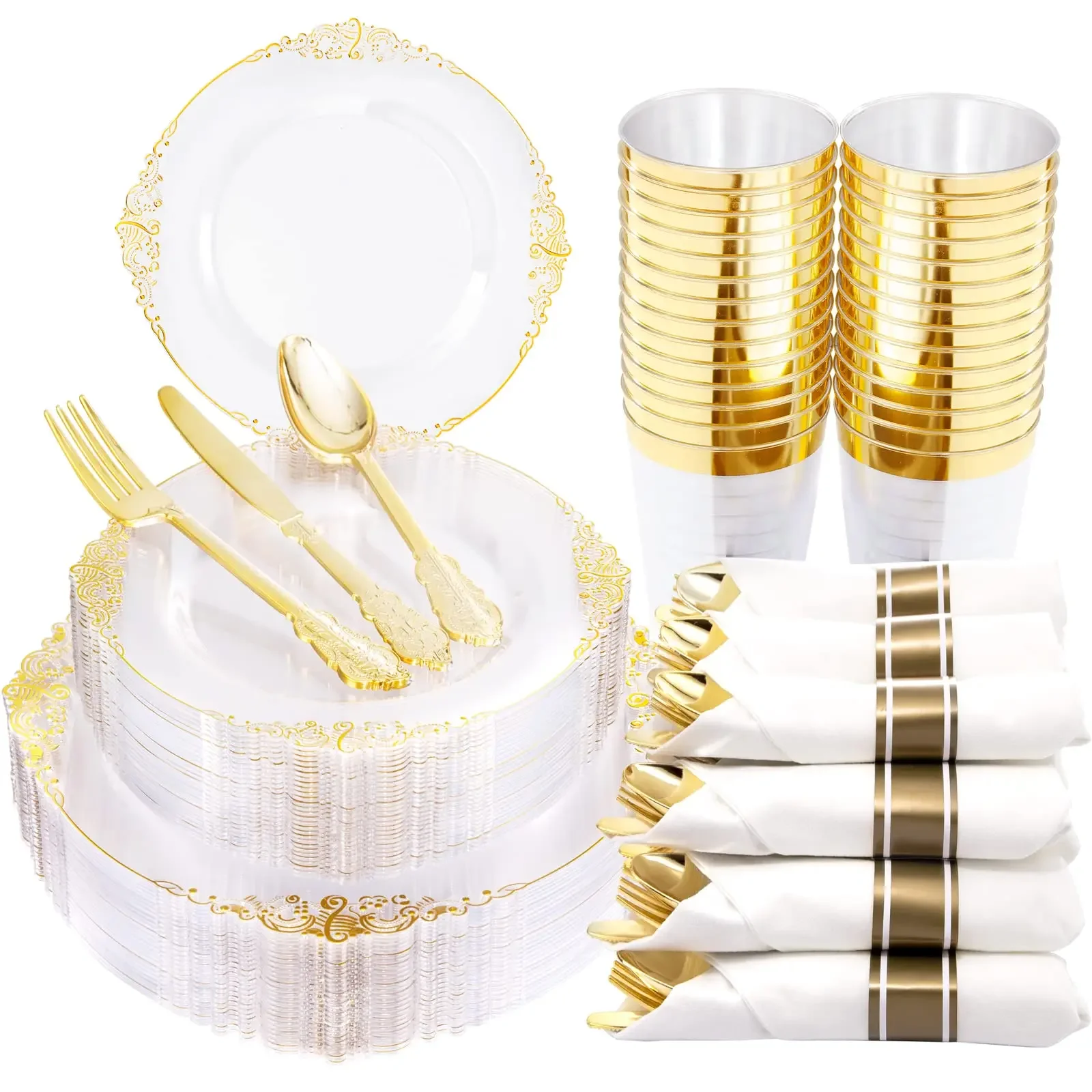 

Forks 10 for Knives Plates Guests To use Spoons Golden Dessert Included Suitable Cups 60pcs Plastic