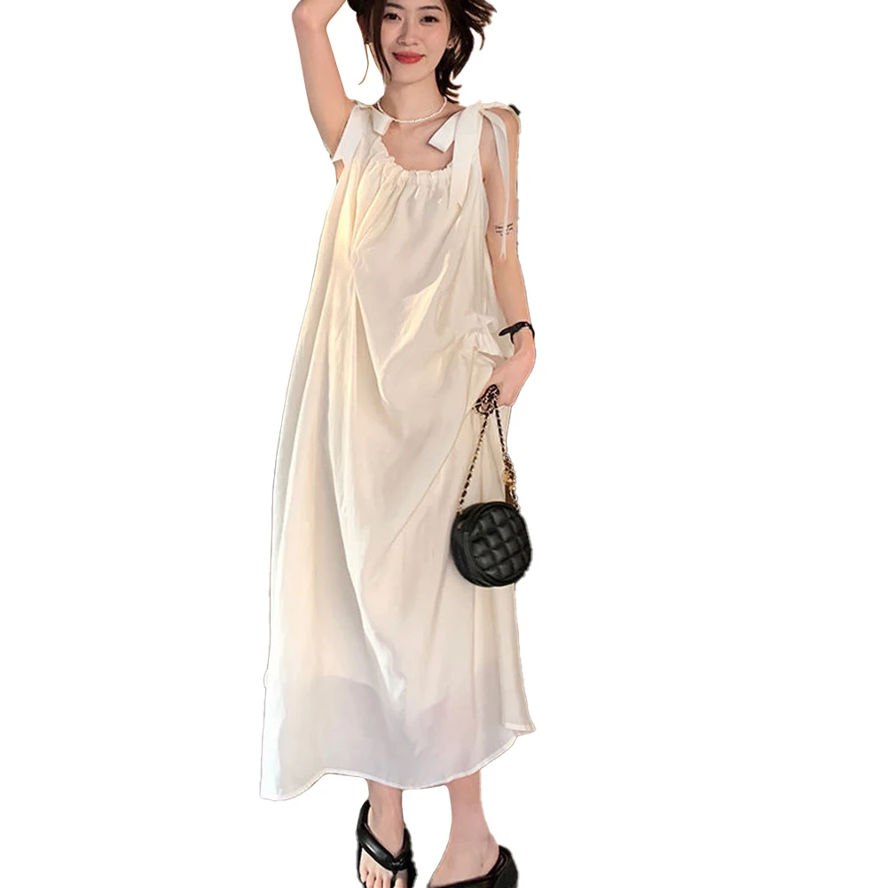 

Lace-up Vestido Dress For Vacation Holiday Lace-up Loose Polyester Round Neck Slight Stretch Solid Spring Summer