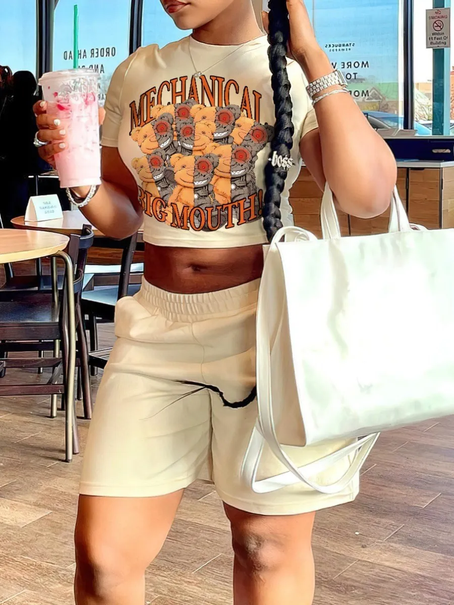 LW Plus Size Cartoon Letter Bear Print Beige Two Pieces Short Sleeve Crew Neck Crop Top&Elastic Waist Matching Shorts Set 2pcs