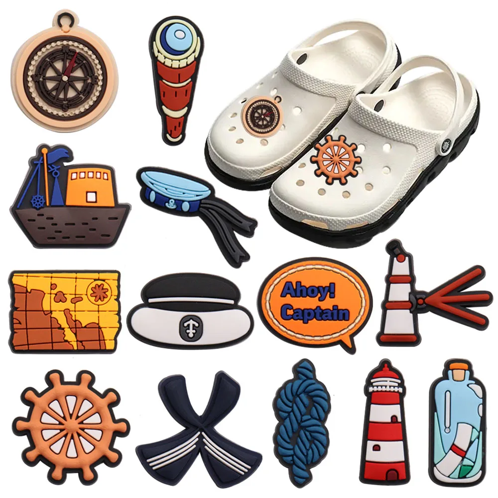

Wholesale 50pcs PVC Shoe Charms Lighthouse Steamship Telescope Slipper Accessories Garden Shoe Ornament Buckle For Kids Gift
