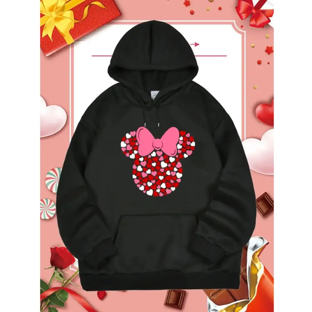 Valentine's Day Hoodies with Pocket Cartoon Graphic Casual Hooded Sweatshirt Long Sleeve Drawstring Kangaroo Hoodie