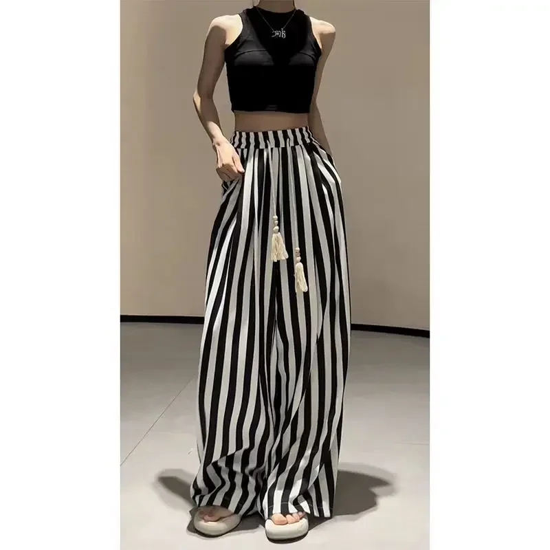 Spicy Girls' Premium Striped Wide Leg Pants Women's 2024 Summer Thin Loose Slim Straight Leg Casual Pants