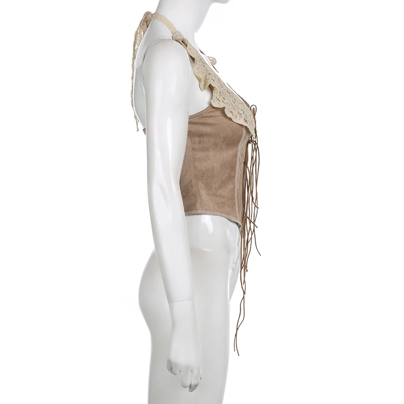 Chaleco vintage de gamuza para mujer, top Y2K con cordones, ajustado, sexy, sin mangas, de los años 2000, con ribete de encaje, estilo halter, ropa grunge