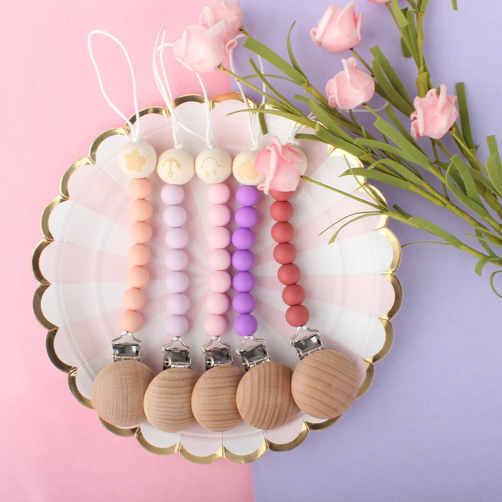 

1pc Baby Pacifier Chain Food Grade Silicone Beech Wood Strap Dummy Holder for Infant Nipple Bottle Wooden Clip Teether Chain