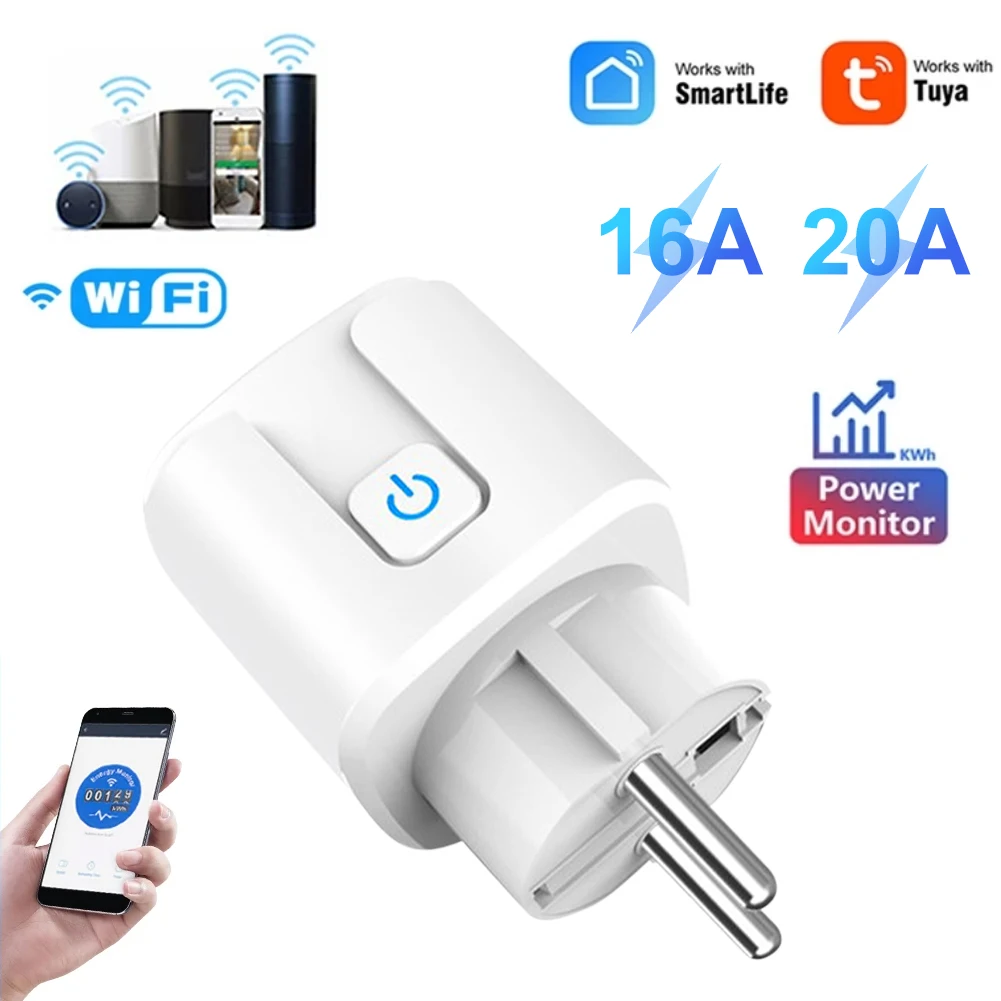 

New Tuya WiFi Smart Plug 16A/20A EU Smart Socket With Power Monitoring Timing Function Voice Control For Alexa Google Home