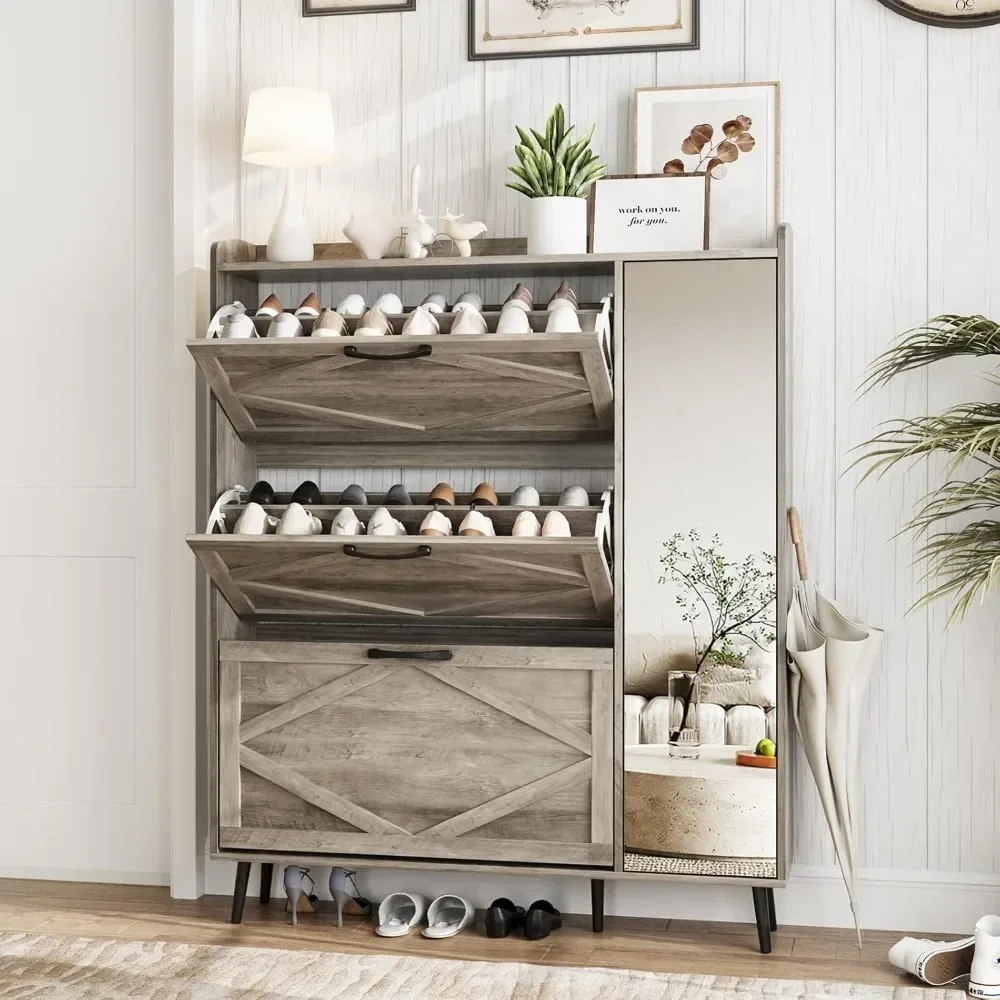 Freestanding Shoe Organizer with 5 Wooden Legs, Slim Shoes Rack Cabinet, Shoe Storage Cabinet with 3 Flip Drawers & Mirror 2