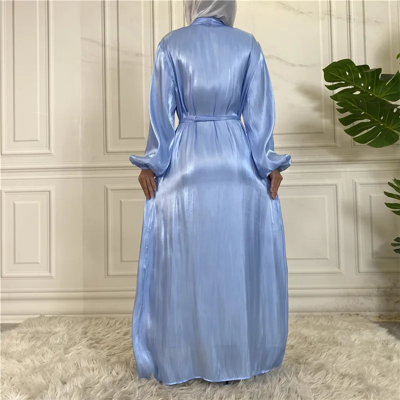 Summer Open Abaya Kimono Silk Satin Abayas for Women Dubai Puff Sleeve Turkey Muslim Long Hijab Dress Islam Modest Outfit Kaftan