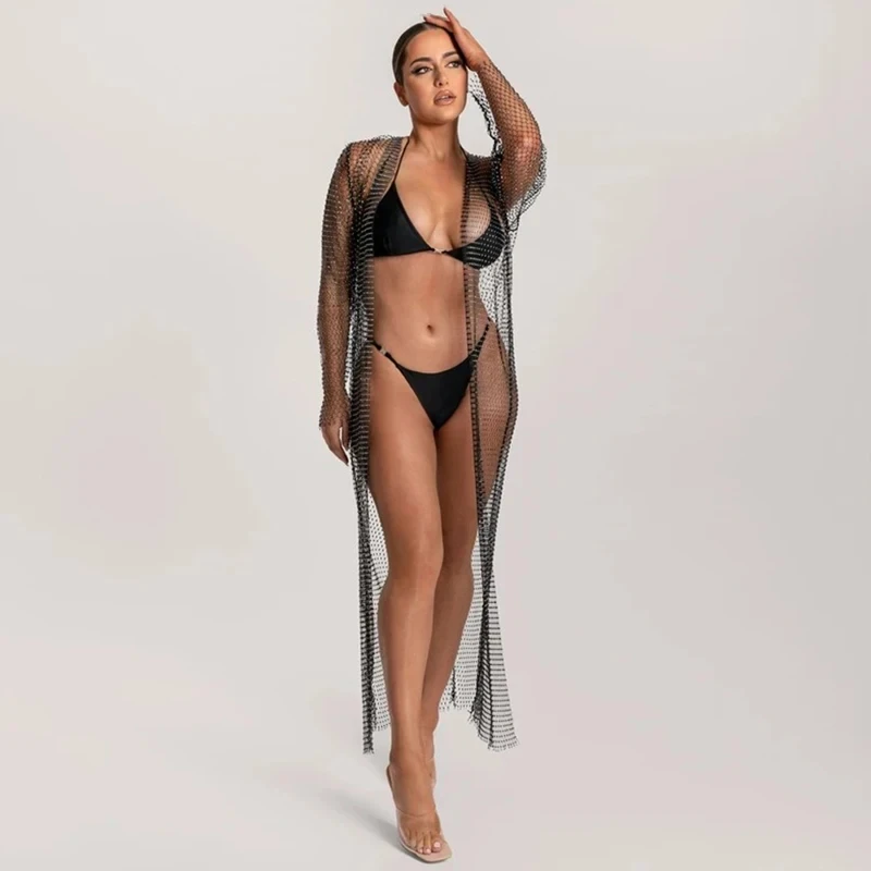 Damen Kristall-Netz Langer Kimono Cover-Up Transparente Fischnetz-Maxikardigan Funkelnde Strass-Strandkleidung – Detail 3