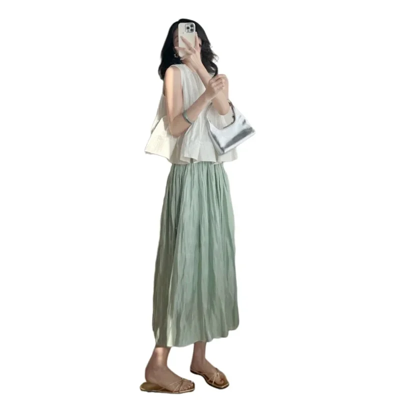 Maternity Clothing Set with Belly Support Long Skirt Versatile Korean Style Top Bottom Half Length Folded Design for Pregnant Wo