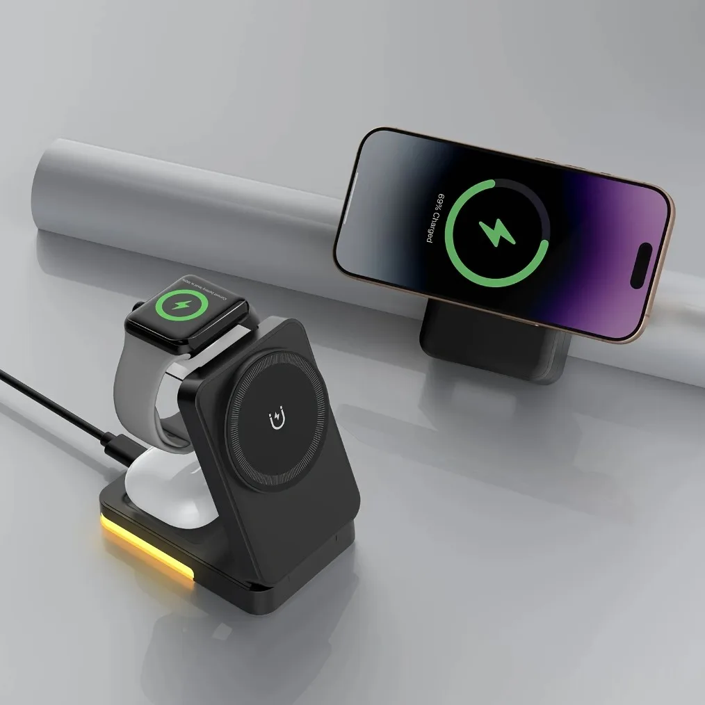 VIKEFON LED Light Wireless Charger Stand 3 in 1 Foldable For iPhone 16-12 Apple Watch 2-9 SE Airpods Pro Fast Charging Station