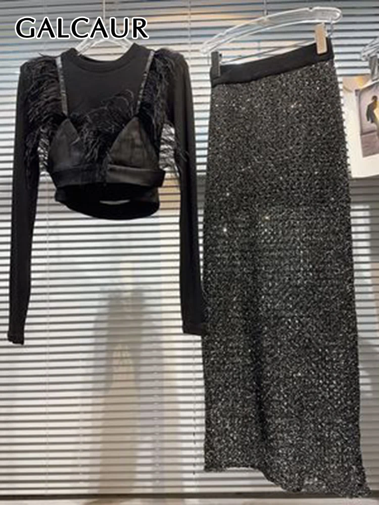 

GALCAUR Elegant Two Piece Set For Women Round Neck Long Sleeve Patchwork Feathers Top High Waist Maxi Skirt Slimming Sets Female