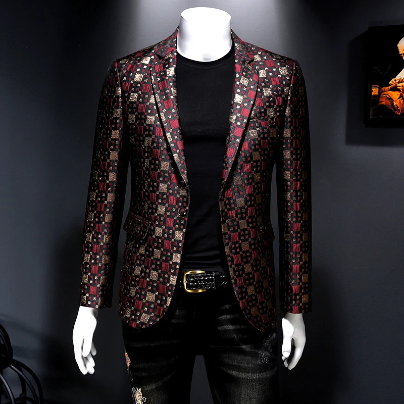 2022 Brand Men Blazer Personality Wild Men's Suit Jacket High Quality Fashion Plaid Print Slim Fit Warm Blazer Coat Male 5XL 6XL 2