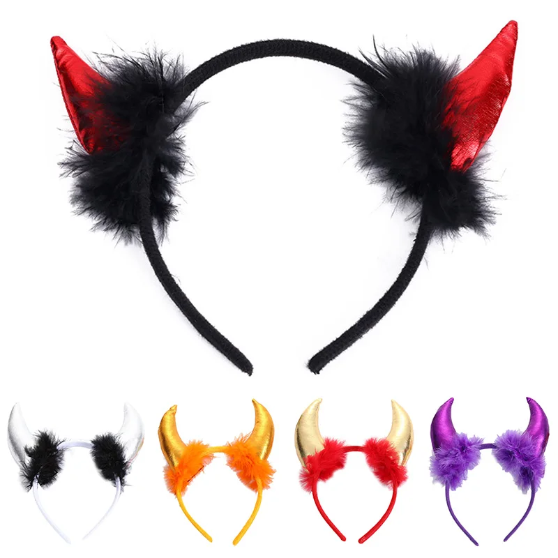 

8 Colors Plush Devil Ears Hair Hoops Funny Horns Cosplay Halloween Party Performance Masquerade Hair Decoration Headband Props