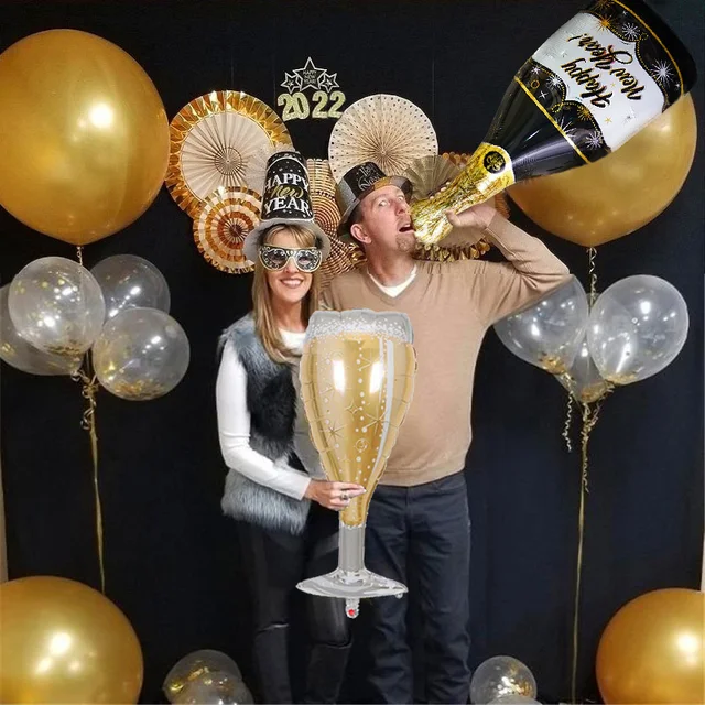 블랙 골드 와인 병, 새해 2024 호일 풍선, 크리스마스 장식, 홈 크리스마스 이브 파티 용품