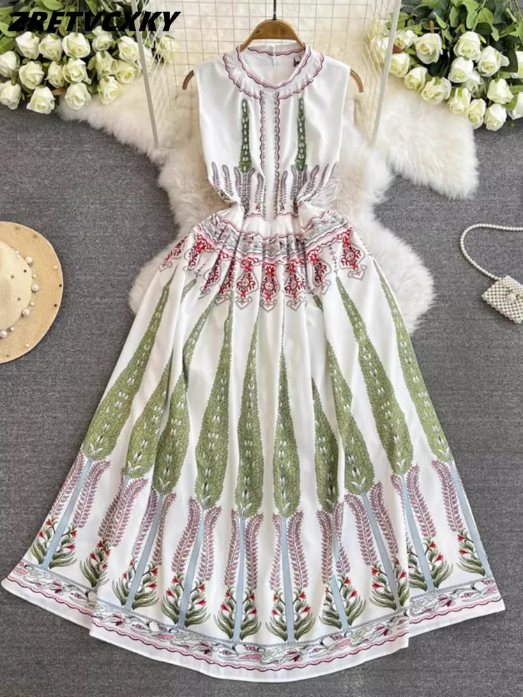 

Women Sleeveless Vacation Casual Dress Summer Fashion Diamonds Beading Round Neck Pleated Flower Print Long Dresses Robes