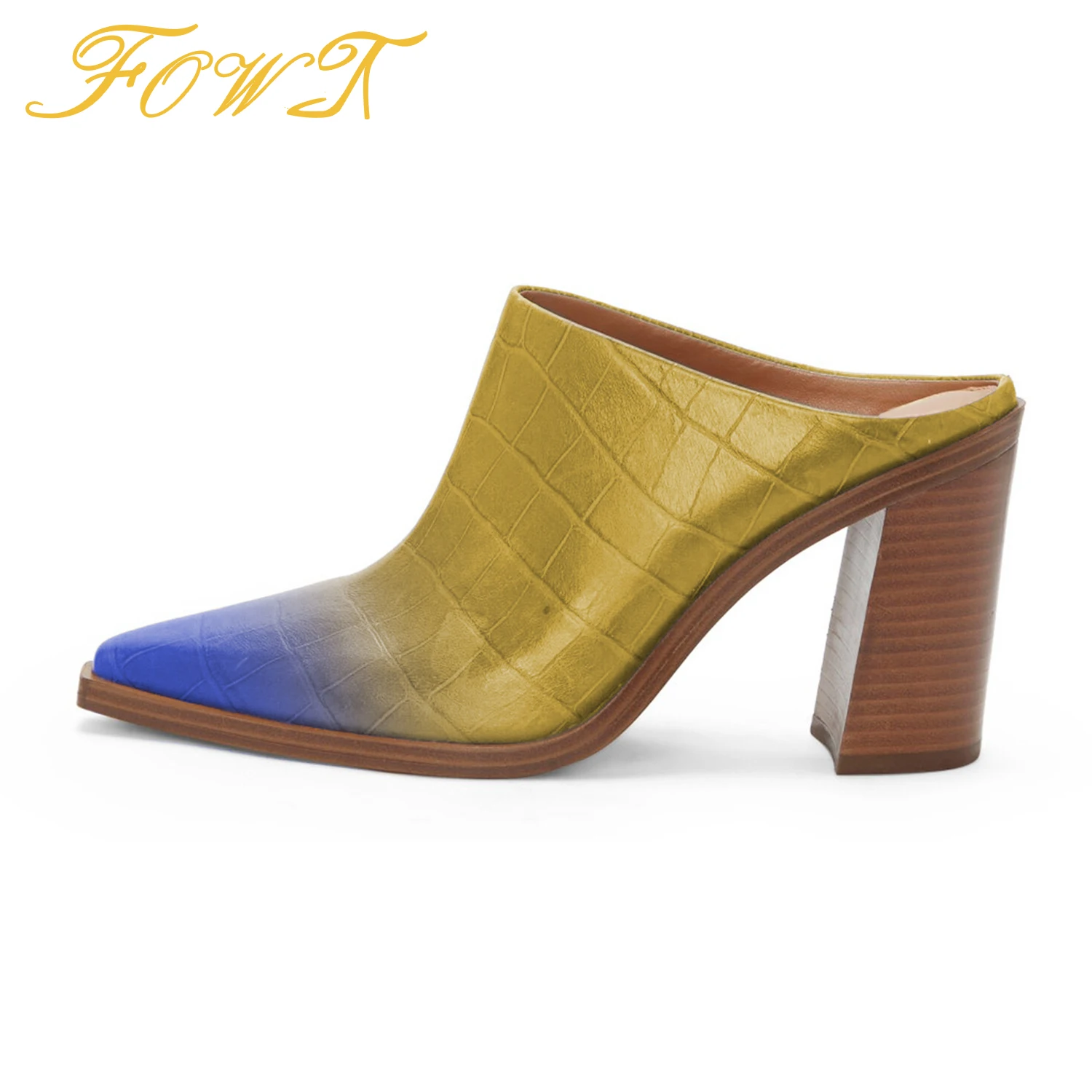 

Women Leather Crocodile Embossed Mule Chunky Stacked Heels Clogs Closed Pointed Toe Backless Slides Daily Shoes Size 12 13 FOWT