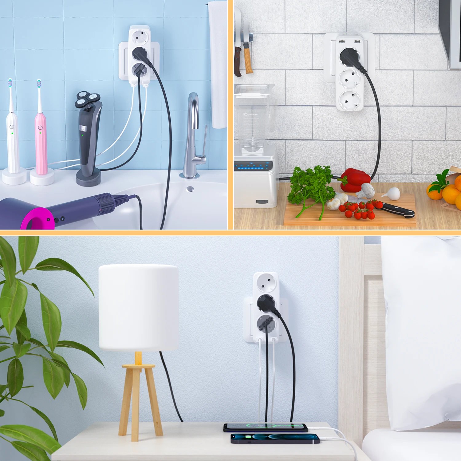 Power Strip Plug Adapter Electrical Socket Power Socket Power Plug Adapter Wall Socket Extender LENCENT Wall Socket Extender with 3 AC Outlets + 2USB Ports 5V 2.4A EU Plug Power Adapter Overload Protection for Home/Office