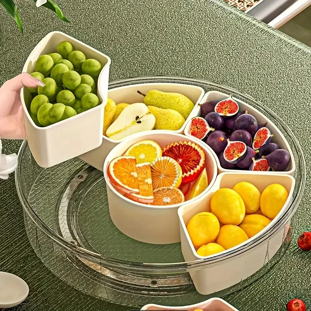 Home Living Room Fruit Tray Snack Display Divided Food Storage Box Rotatable Handheld Tray with Lid