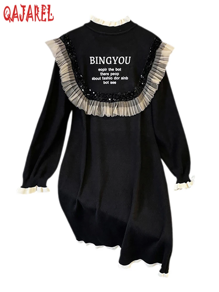 

Black Knitted Patchwork Ruffled Women's Pullovers Autumn Winter Korean Vintage Sweater Dress 2024 Elegant Casual Kawaii Dresses