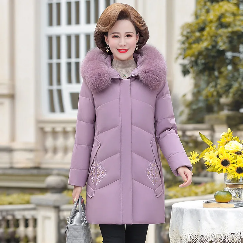 Real Fox Fur Collar White Duck Down Down Jacket Women's Medium Long Winter Clothes Middle-aged and Elderly Embroidered Loose Yrf