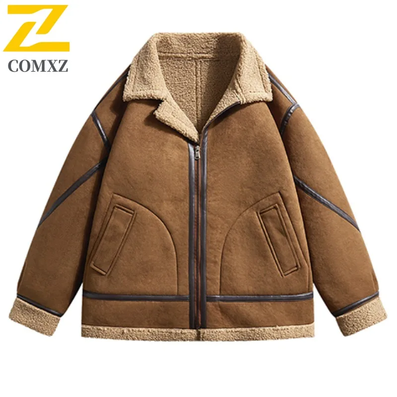 Men's Suede Fleece Jacket Winter Windproof Padded Coat Sports Bomber Style Waterproof Thermal Lined Shearling Outdoor Casual2025