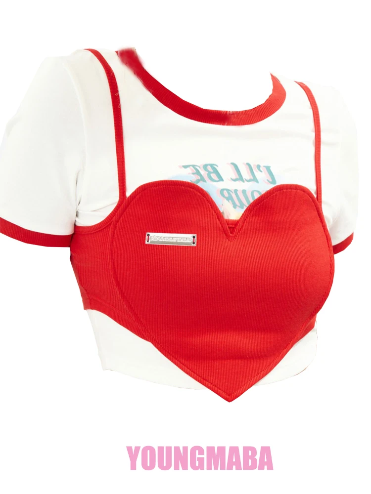 

Gril Red Y2K Vest Female Vintage Tshirt Summer Tank Top Heart Cute Streetwear Fashion Woman Harajuku Sleeveless Two Piece Set