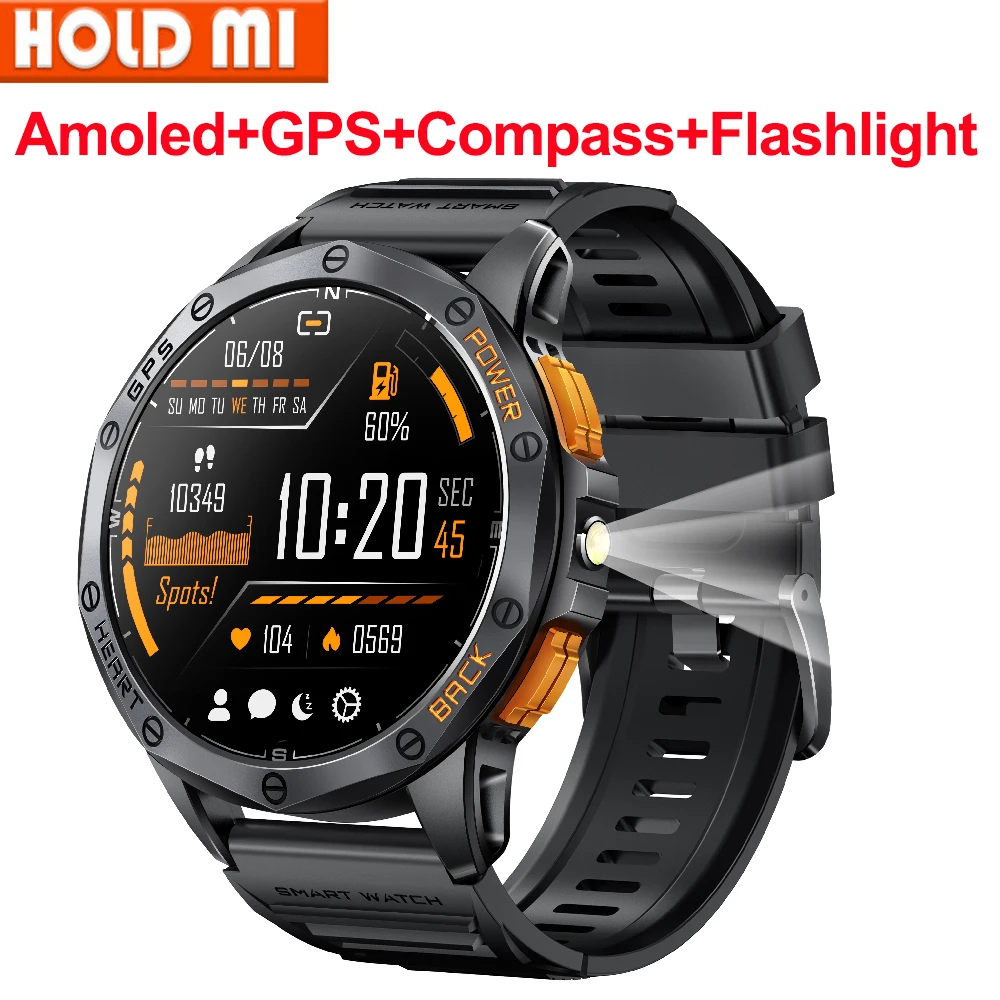 Amoled Smart Watch Men LED Flashlight Compass Barometric Altimeter Outdoor Sports Montion Fitness Tracker BT Call K67 Smartwatch