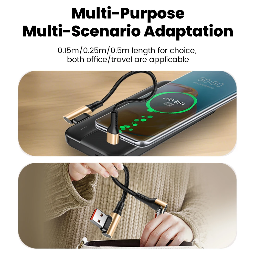 Compact Double Elbow USB A to Type C Fast Charging Cable - 66W, Available in 0.15M, 0.25M, and 0.5M Lengths