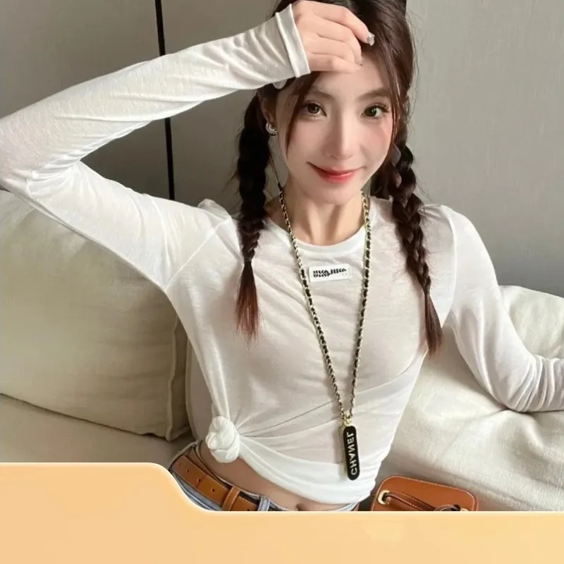 

24 New Spring and Autumn Women's Perspective Light Base Long Sleeve T-shirt Air Conditioning Shirt Solid Color Base Shirt