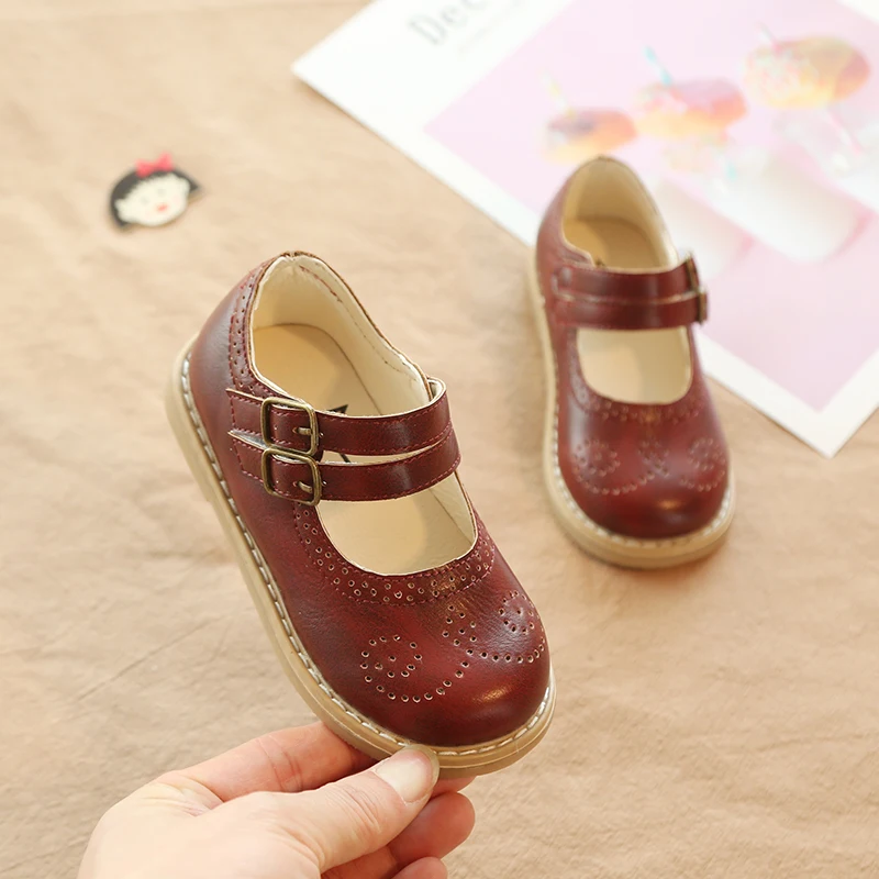 Bekamille Girls Leather Shoes Autumn Solid Color Restro Flat Sneakers Kids Shoes for Girl Princess Baby Dancing SMG056