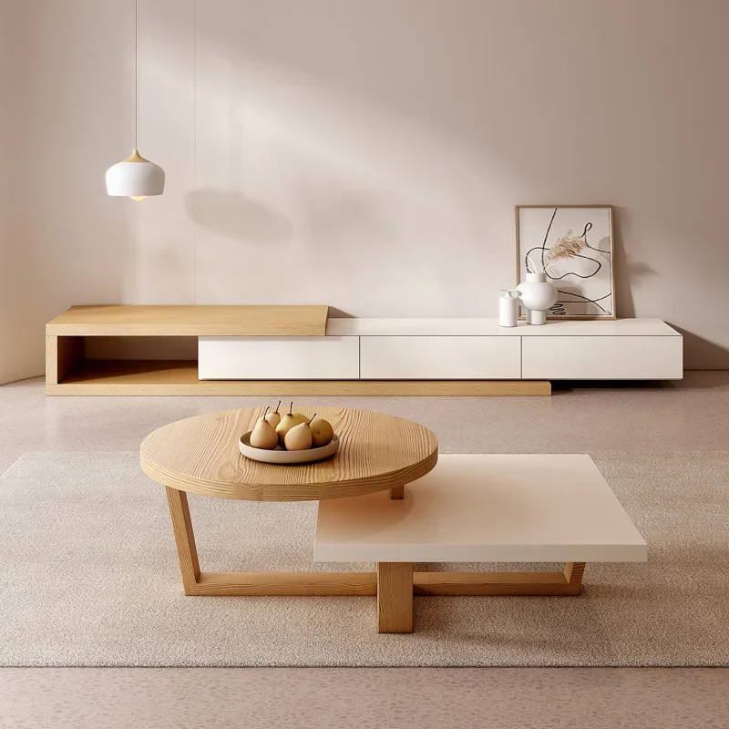 

TLL Retractable TV Cabinet and Tea Table Combination Japanese and Nordic Style Creative Furniture
