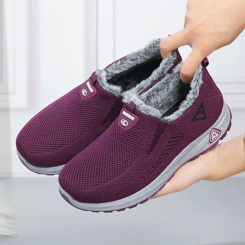 

Couples Breathable Fur Sneakers Women Knit Plush Loafers Anti-odor Mom Dad Walking Sport Shoes Winter Warm Tennis Sneakers