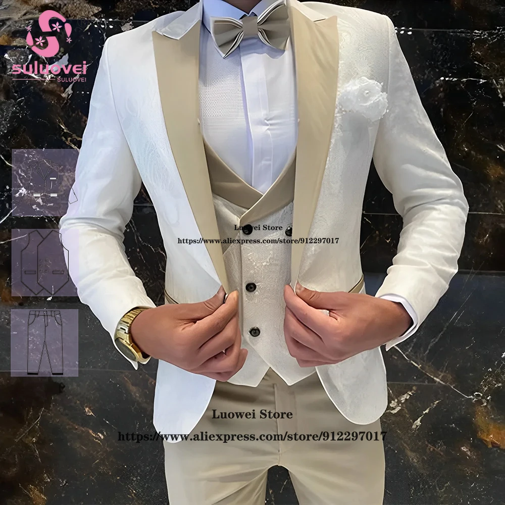 

Fashion Floral Peaked Lapel Suits For Men Slim Fit 3 Piece Pants Set Formal Groom Wedding Prom Tuxedo Costume Homme Pour Mariage