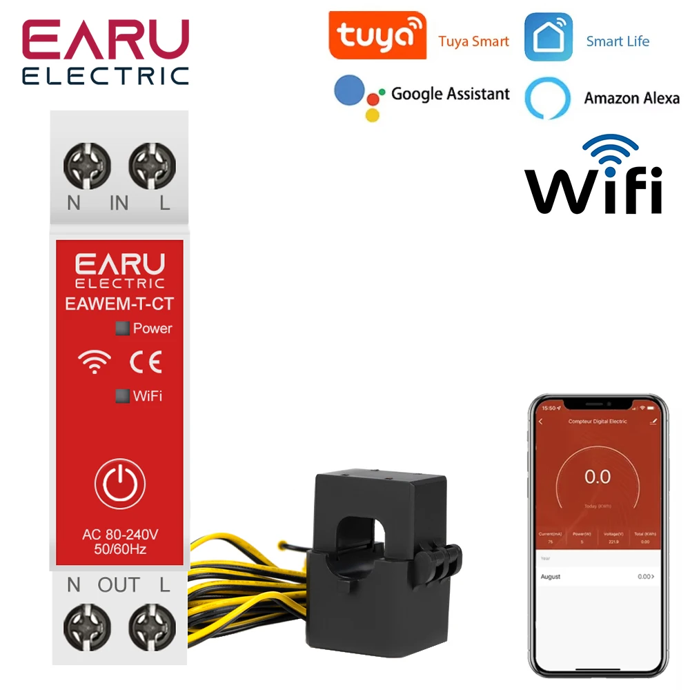 Energy Meter Tuya WiFi Smart 1P+N 63A with Current Transformer Clamp