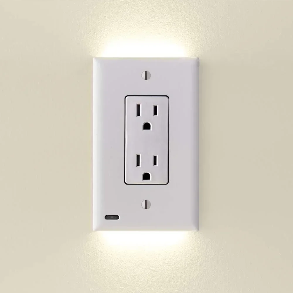 Duplex Electrical Outlet Cover Plugboard Plug-In Electrical Receptacle Wall Plate With LED Night Lights Up and Down- Auto Sensor