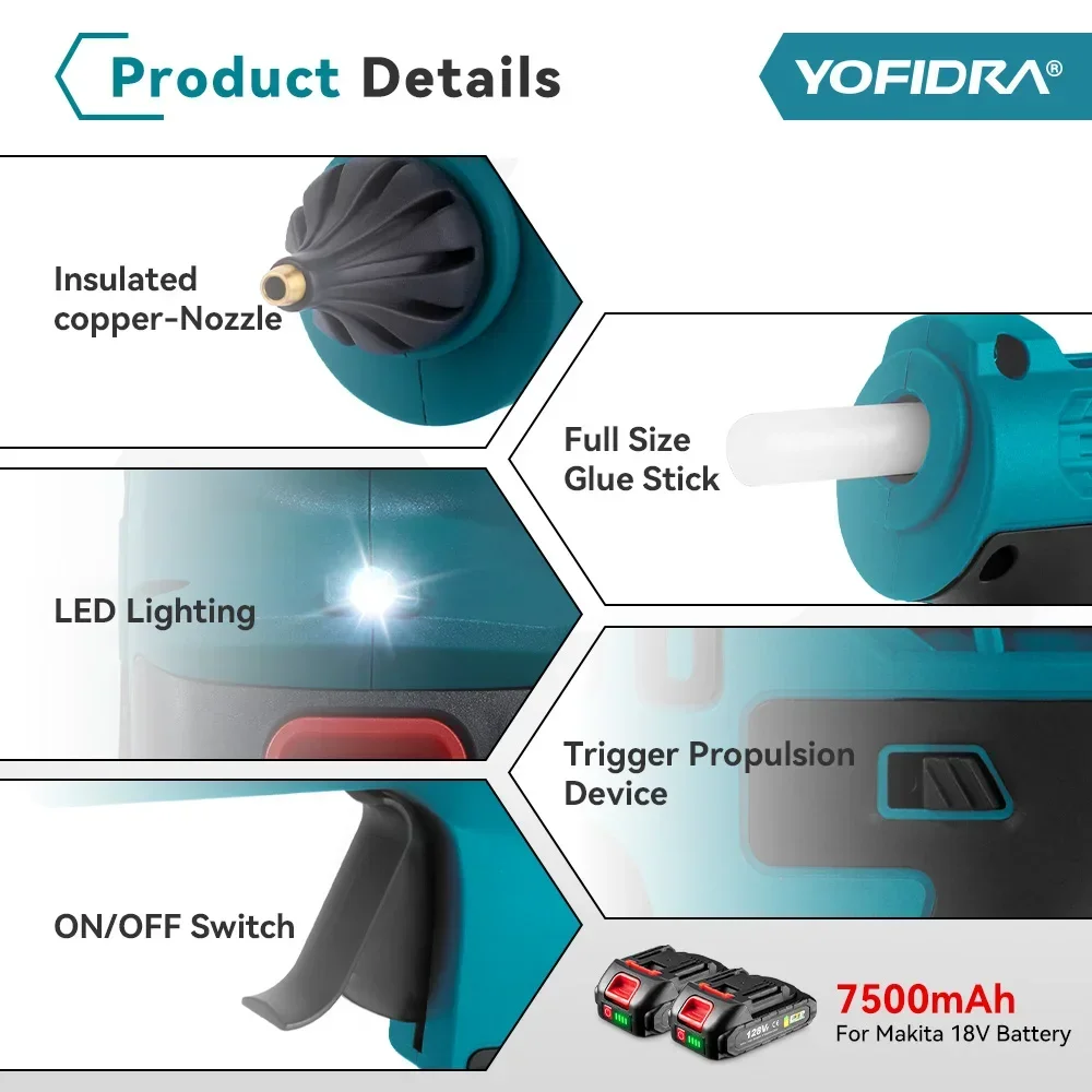 Yofidra Electric Hot Melt Glue Gun for Makita 18V Battery Cordless Electric Glue Gun 11mm Glue Stick Hot Melt Welding Air Gun 4