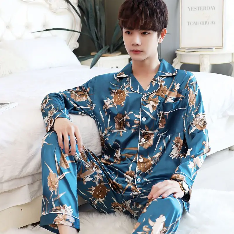 Luxury Brand Silk Pajamas Men Long Sleeve Button Shirt Long Pant Pajama Sets Homewear Loungewear Korean Loose Sleepwear New