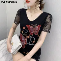 Haut de gamme mode d'été vêtements coréens T-shirt Chic papillon diamants maille haut pour femme Sexy creux à manches courtes tout Match t-shirts 1