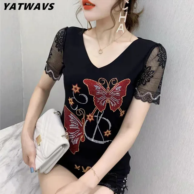 Haut de gamme mode d'été vêtements coréens T-shirt Chic papillon diamants maille haut pour femme Sexy creux à manches courtes tout Match t-shirts 1
