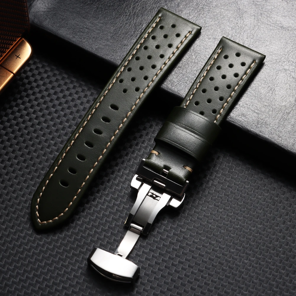 Elegant Cowhide Leather Strap with Butterfly Buckle - Soft & Breathable Business Men's Bracelet