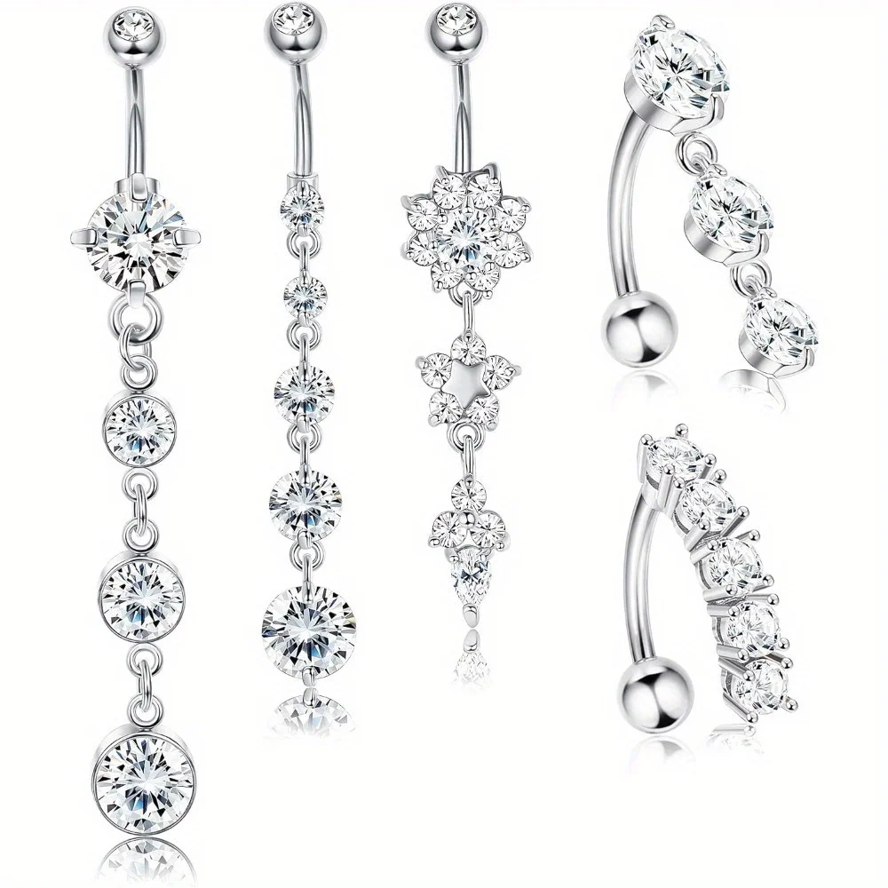 

IRONBOX 1Pc 14G Stainless Steel Dangle Belly Button Rings for Women Men Reverse Navel Rings Curved Barbell with CZ Body Piercing
