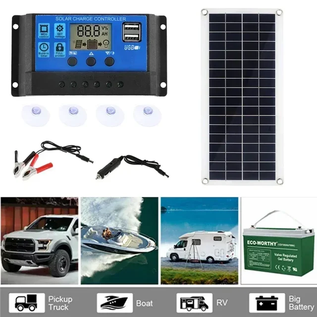 1000W Solar Panel 12V Solar Cell Kit 10A-100A Controller Solar Panel for Phone RV Car MP3 PAD Charger Outdoor Battery Supply 2