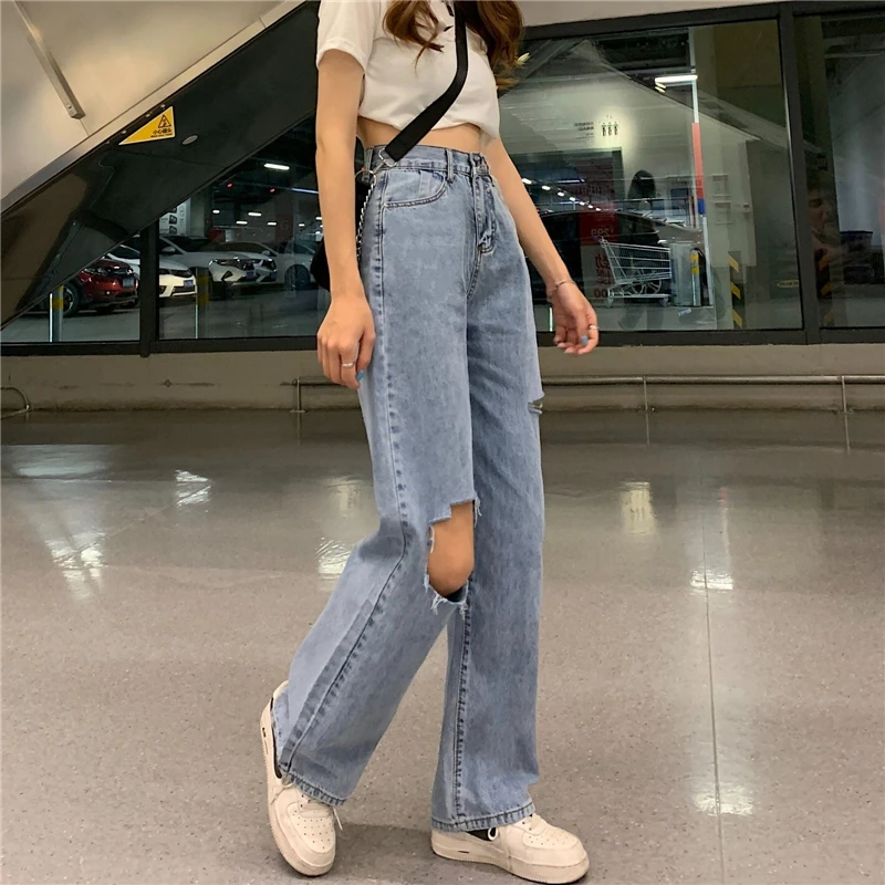 black jeans Light Blue Ripped Jeans Women 2021 New Ins Trendy Wide Leg Loose Straight Pants Casual Hole Streetwear Trousers Mujer Female denim jacket for women