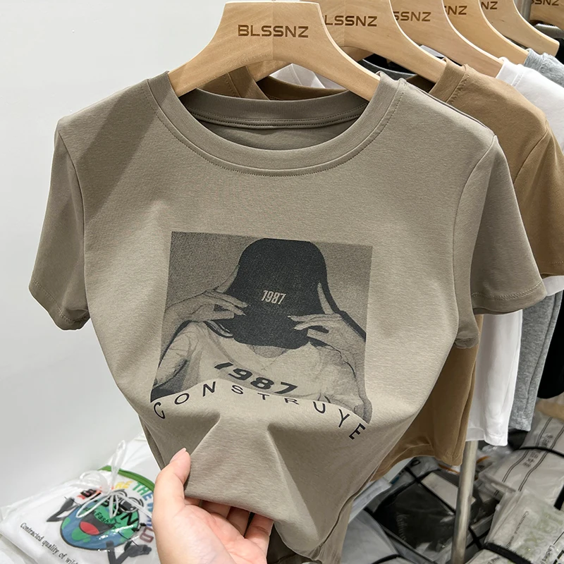 

Summer Vintage Printed Women's Knitted T-Shirts 2023 New Casual O-Neck Shirts Fashionable Bottom Korean Basic Tops Female